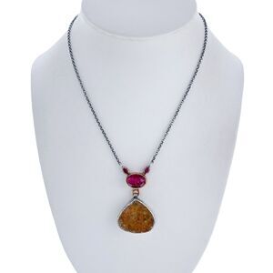 Red Ruby Druzy Quartz Lavalier Necklace | Vintage Sterling Silver 925 | 15"